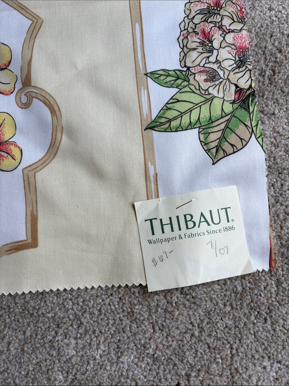 Thibaut Floral Border Fabric Panel in Cream, Green & Pink 25" new